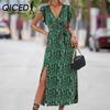 Spring Summer Short Sleeve V-neck Slit Print Dress