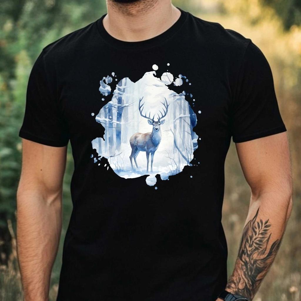 T-Shirt Herren Hirsch im Verschneiten Wald Motiv Baumwolle Größe XS bis 5XL