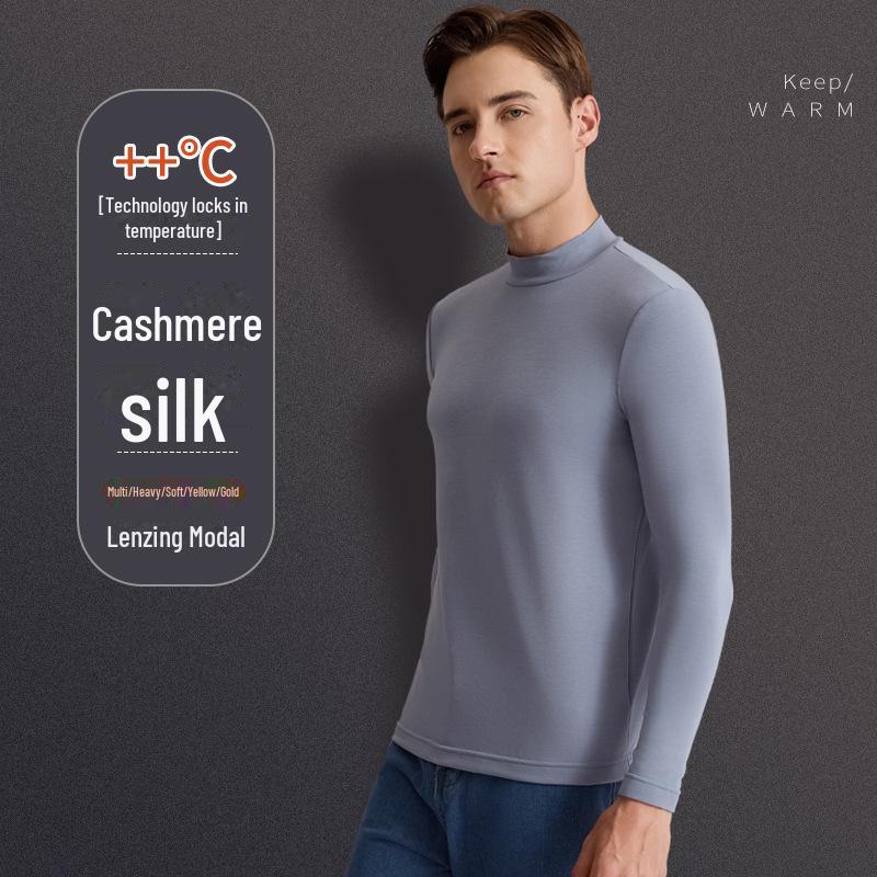 Men's Cashmere Silk Thermal Top with Half-High Collar for Autumn and Winter