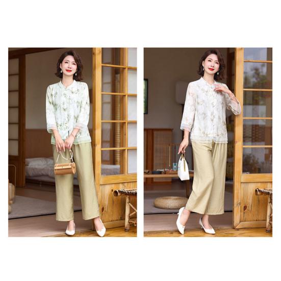 2 шт./компл. женский костюм в стиле ретро в китайском стиле плюс размер воротник-стойка с цветочным принтом и половиной рукава в стиле пэчворк, сетчатый топ с эластичной резинкой на талии и широкие брюки, комплект