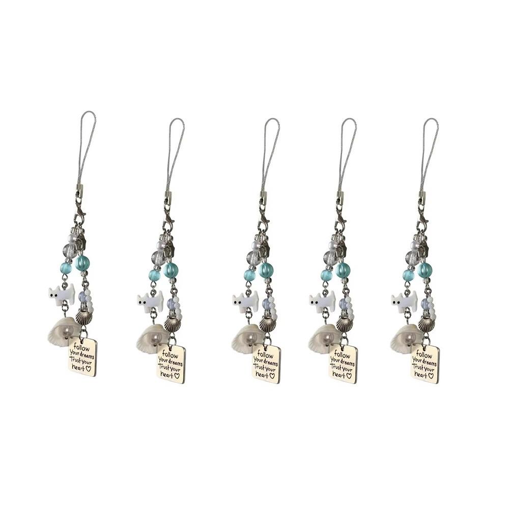 5PCS Imitation Pearl Beaded Cat Pendant Glass Bead Shell Pearl Phone Lanyard Fashion Keyring Beach