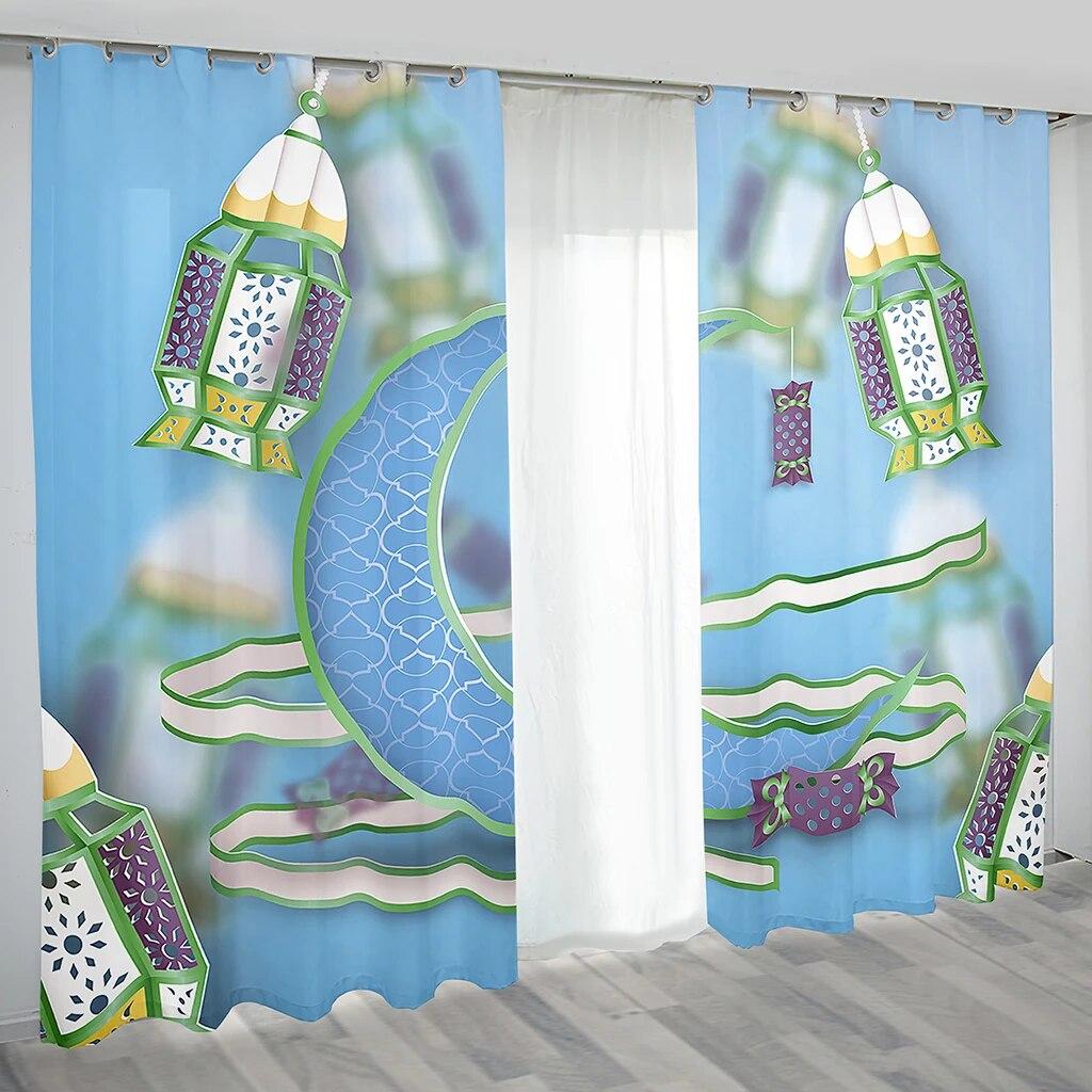 2 шт. занавеска для исламского фестиваля Рамадан, празднующего Мубарака, лунная лампа, городская ночная сцена, занавеска с узором для спальни, окон