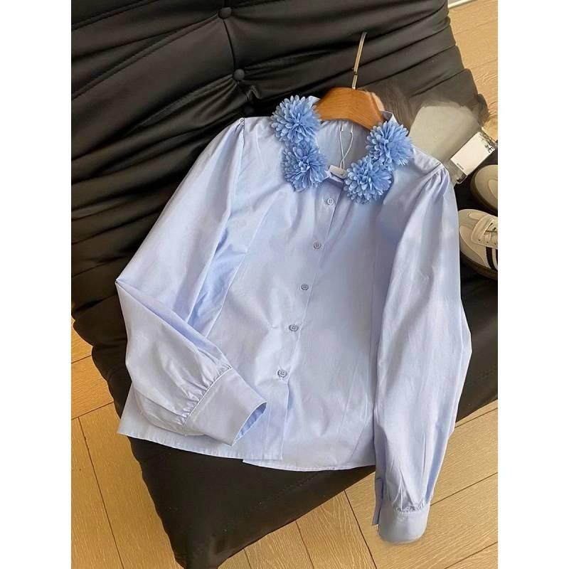 Spring French Sweet Ladies Blouse With 3d Floral Embroidery And Bubble Sleeves For Casual Wear
