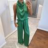 Women 2 Piece Satin Outfits Halter Neck Sleeveless Top And Wide Leg Pants Set Casual Vocation Lounge Set