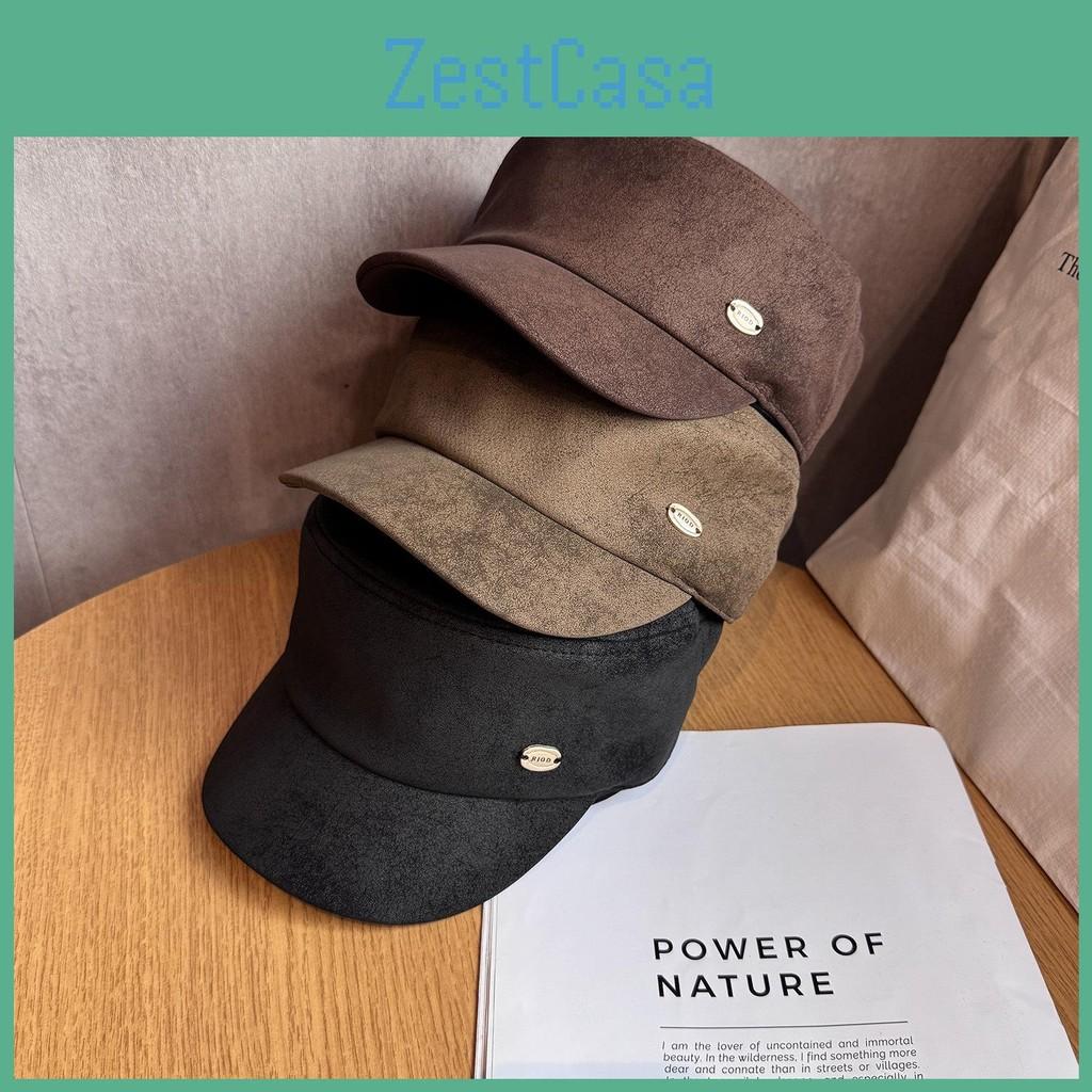 Simple Color Solid Gold Logo Decor Women Casual Suede Beret Hat Fall For