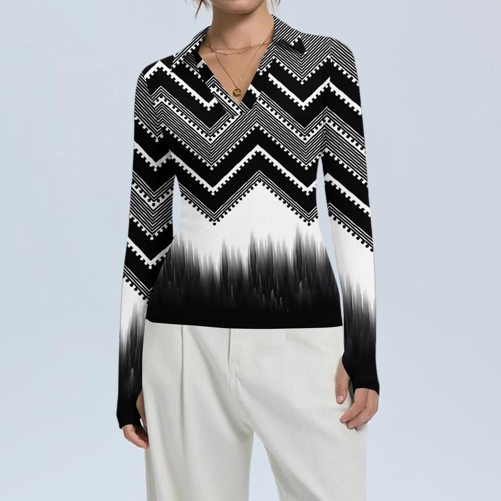 Женская Мода Повседневный Принт V-образный Вырез Длинный Рукав Застежка на Пуговицы Топ