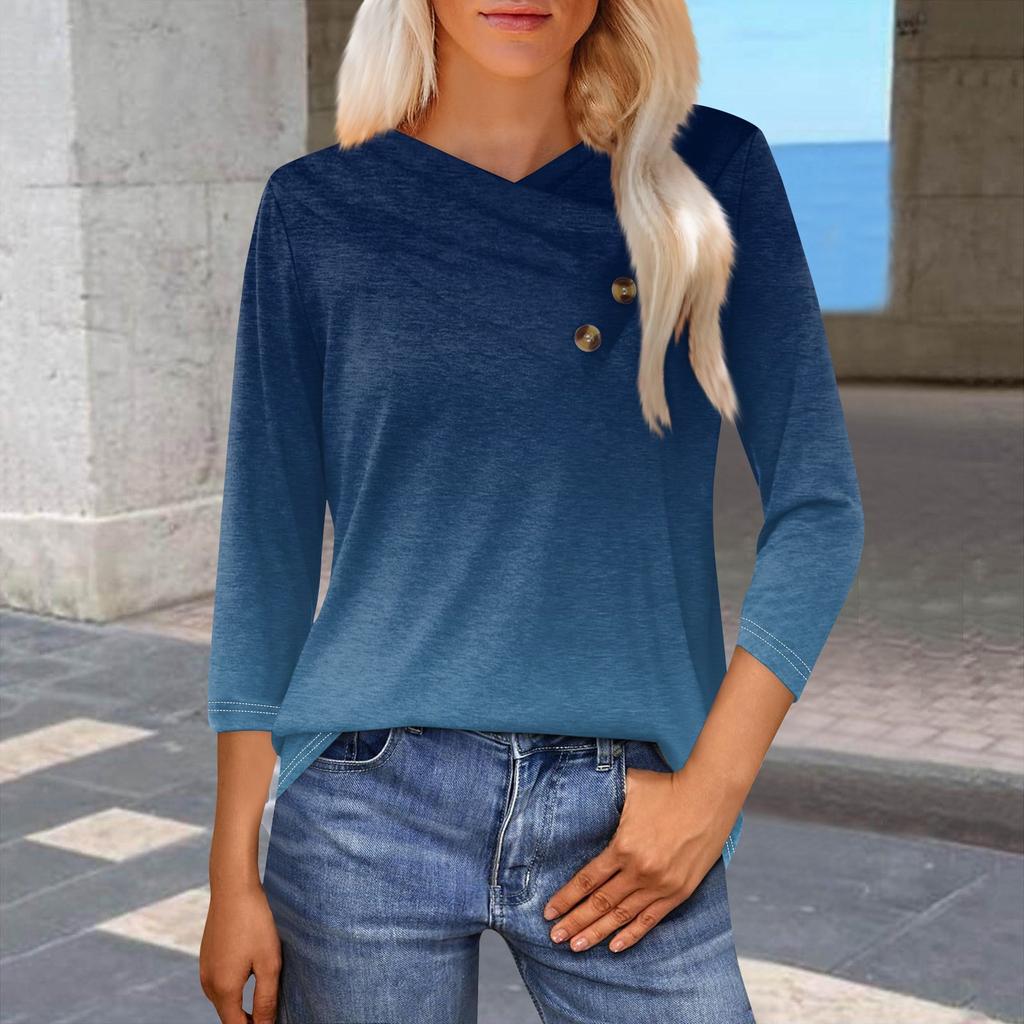 Женская модная повседневная футболка с принтом в виде градиента, рукавами-семиточками, V-образным вырезом и застежкой на пуговицы