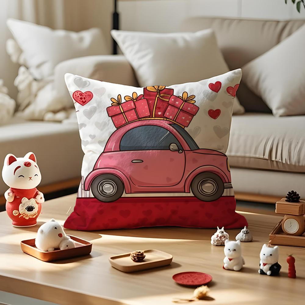 Valentines Day Cartoon Car Cushion Cover Silky Short Plush with Invisible Zipper Dustproof Sofa Pillow Case for Home Decor