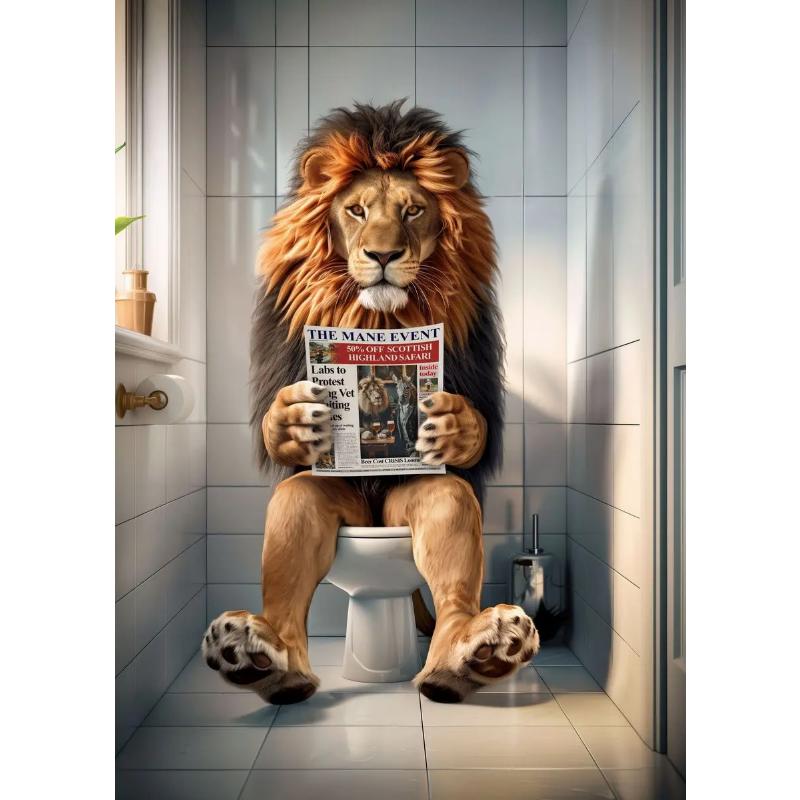 Современный лев, собака, хайленд, сидящая на унитазе и читающая газету, плакат, забавный принт с животными, картина на холсте, декор для ванной комнаты, картина
