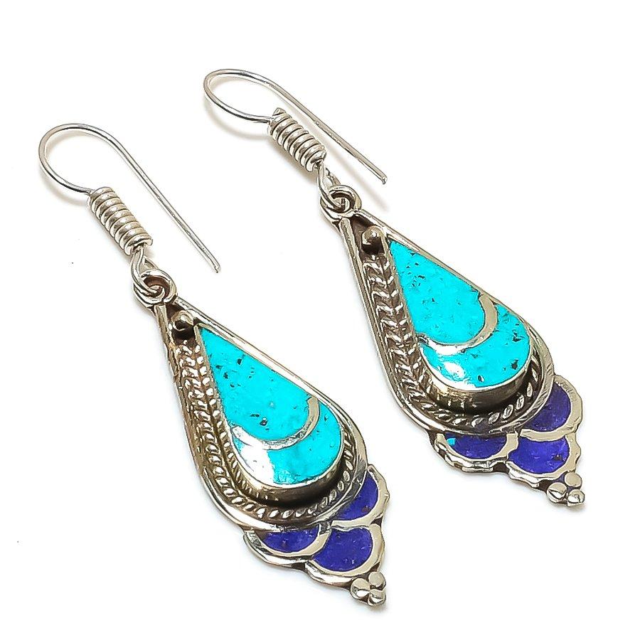 Natural Tibetan Turquoise, Lapis Gemstone Handmade Jewelry Earring 2.32" I7U89