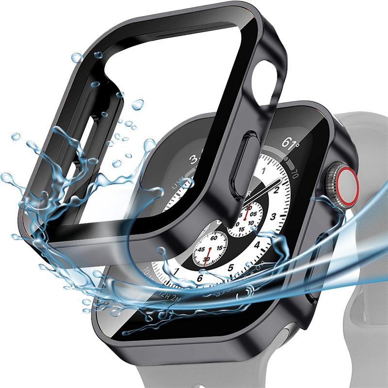 Стекло + чехол для Apple Watch Case 8 7 6 SE Защитная пленка для экрана Бампер с прямым краем IWatch Series 44 мм 40 мм 41 мм 45 мм 4 5 Водонепроницаемый чехол