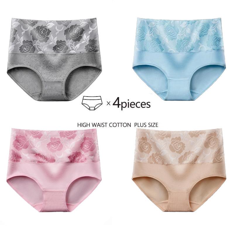 Size 4pcsset L5xl Plus Women Cotton Panties High Waist Big Stretchy Underwear Breathable Ladies Underpants