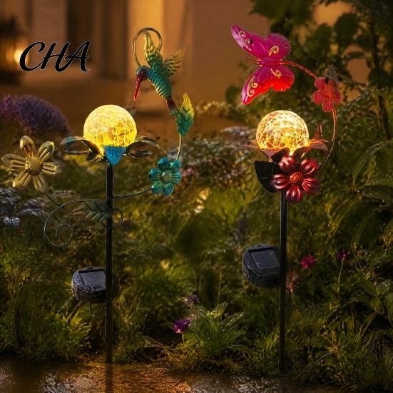 Decorative Landscape Stakes for Garden Solar Glass Cracked Ball Light, Butterfly Hummingbird Metal Bee Decor Balcony Stake Waterproof Outdoor