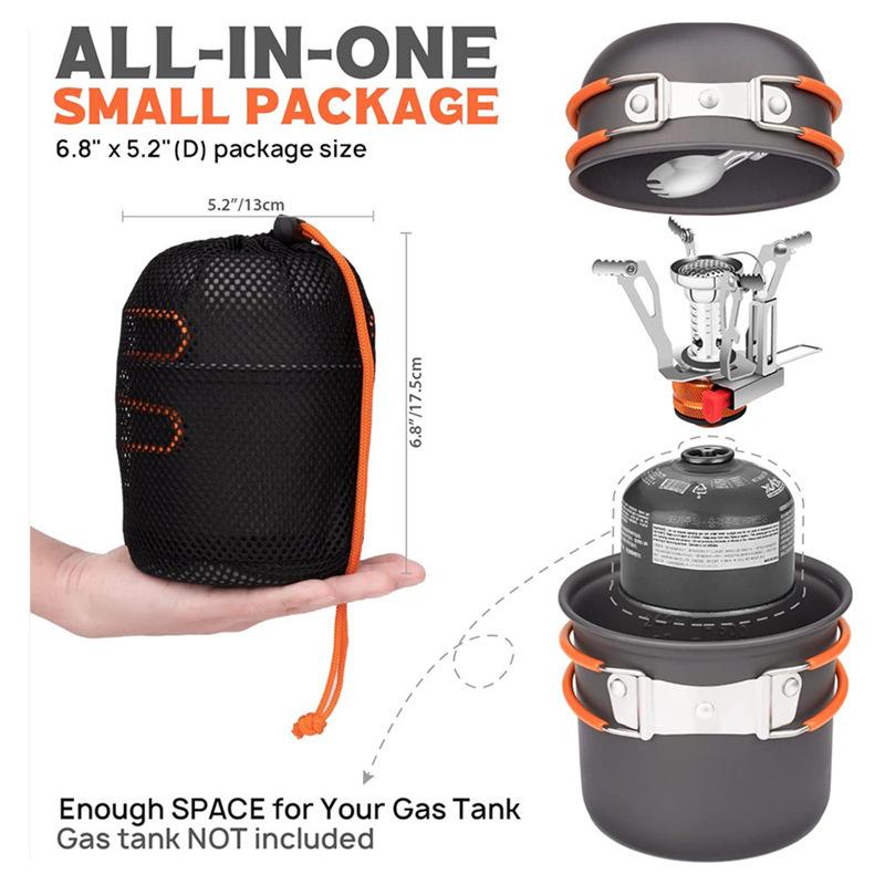 Portable Outdoor Camping Cookware Set Including a Gas Stove and Utensils for Camping and Picnic Use