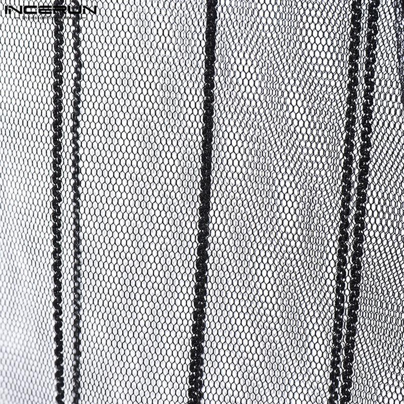 INCERUN Men Lapel Neck Sleeveless See Through Mesh Transparent Striped Blazer Tops