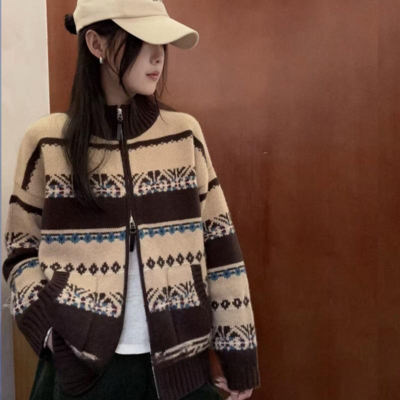 Korean Style Fair Isle Knit Wool Cardigan - Autumn/Winter Loose Fit Versatile Women's Top