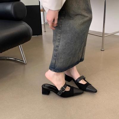 Коричневые/Черные Женские Шлепанцы на Среднем Каблуке с Закрытым Носком и Пряжкой-Ремнем, Нескользящие Универсальные Туфли, Летние Уличные Модные Шлепанцы из ПУ