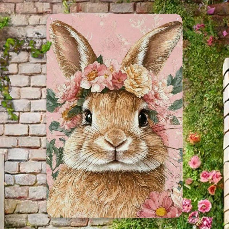 x Inch Vintage Pink Background Bunny Tin Sign Easter Wreath Design Home Kitchen Wall Decor