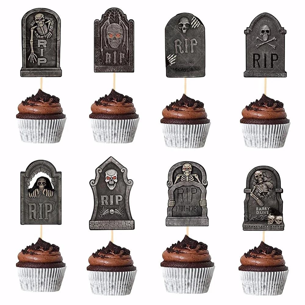 8pcs Festival Halloween Tombstone Cupcake Toppers Paper Cake Sign Dessert Table Decoration