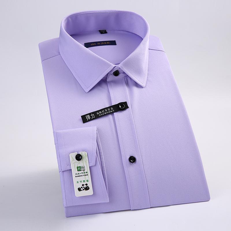 Отличные однотонные классические мужские рубашки с длинным рукавом и отложным воротником из бамбукового волокна, эластичные облегающие рубашки для социальных сетей