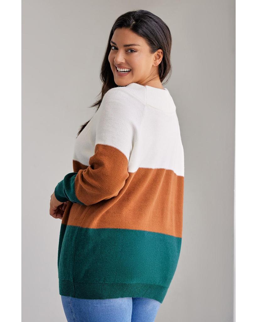 Azura Exchange Brown Plus Size Ribbed Trim Color Block Sweater