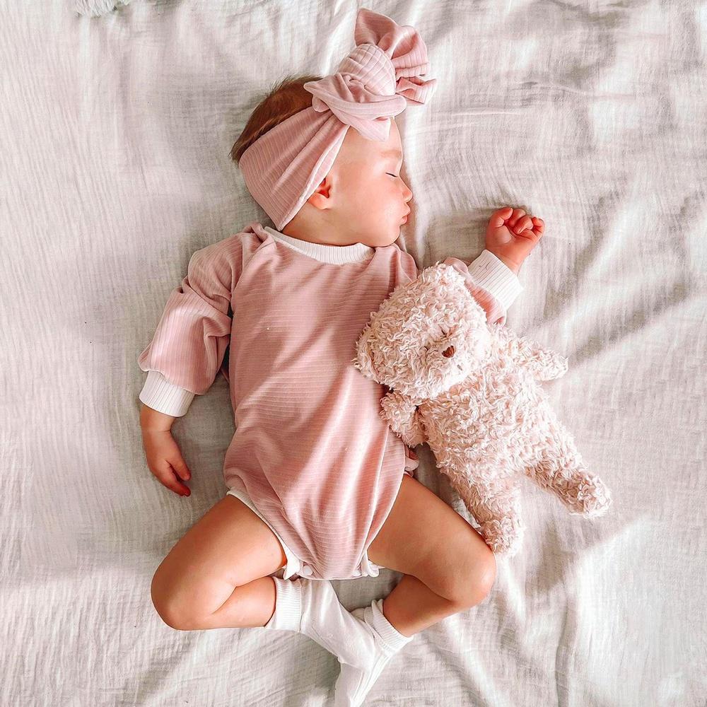 Однотонный вельветовый комбинезон с длинными рукавами для новорожденных девочек с повязкой на голову, одежда для детей 0–24 месяцев