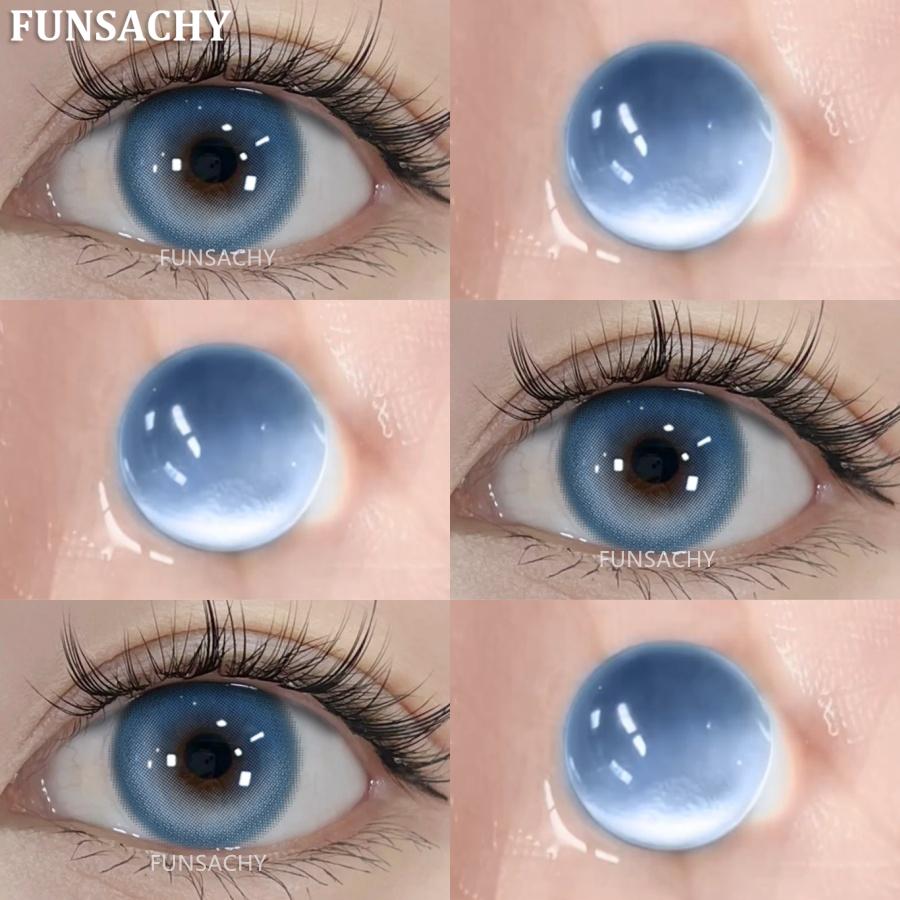 FUNSACHY2pcs Brown Colored Contacts Lenses with Myopia 0~-8.00 Degree Yearly Beauty Cosmetic Makeup Pupils 14.5mm Blue Eye Lens