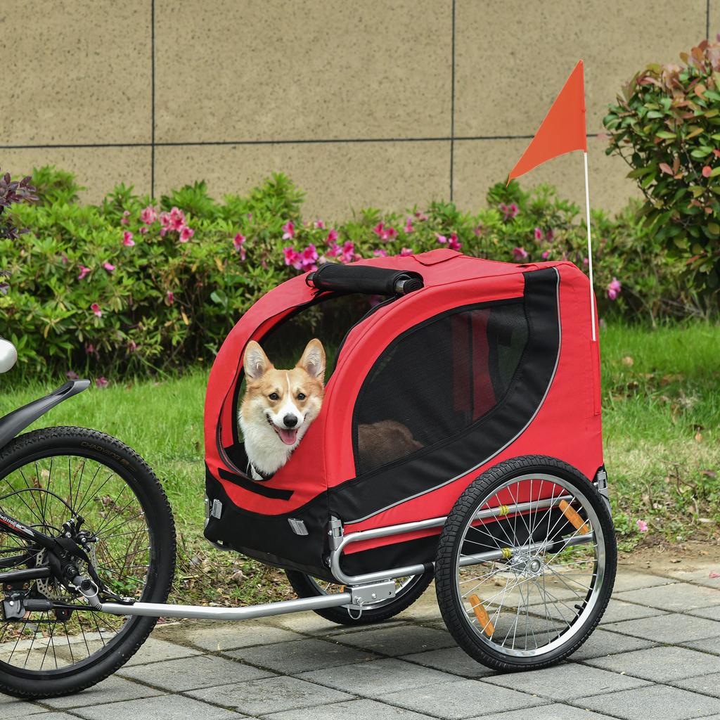 Steel Dog Bike Trailer Pet Cart Carrier For Bicycle Kit Water Resistant With Hitch Coupler Travel Black And Red