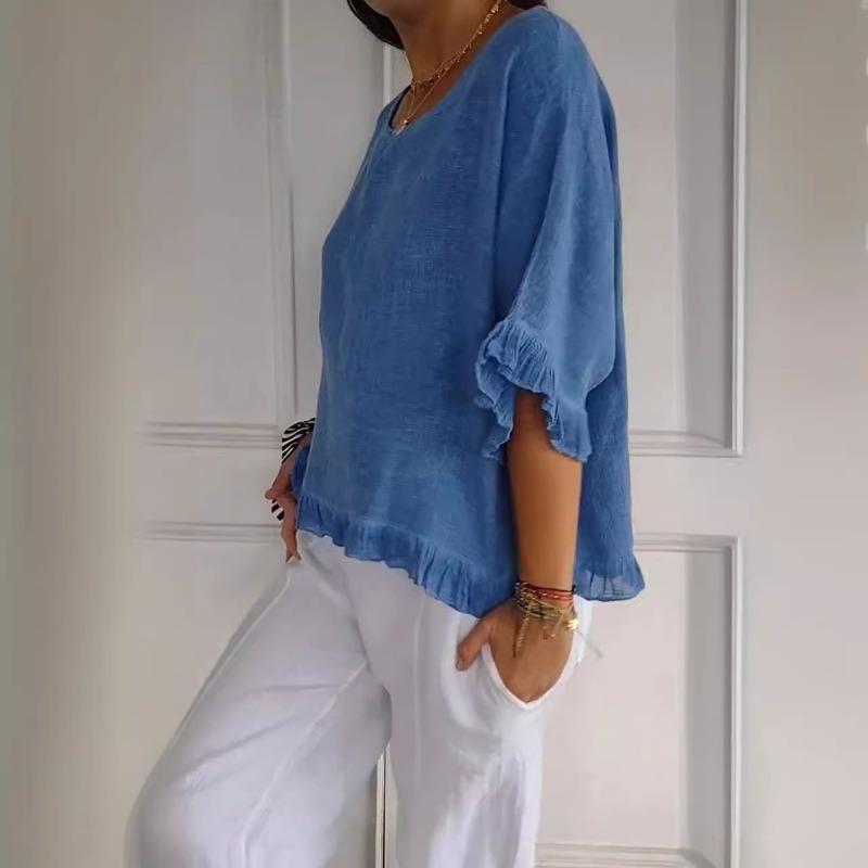 Summer Casual T-Shirt Round Neck Short Sleeved Cotton Linen Blouse Casual Solid Color Loose Pullover Clothes Fit Shirt for Women