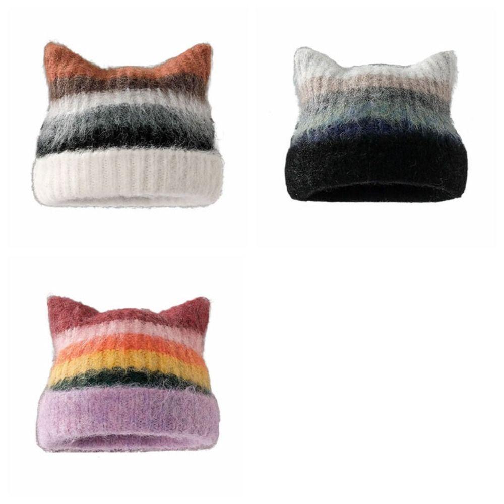 Rainbow Cat Ears Pullover Hat Gradient Woolen Knitted Hat Cute Striped Bucket Hat Autumn Winter