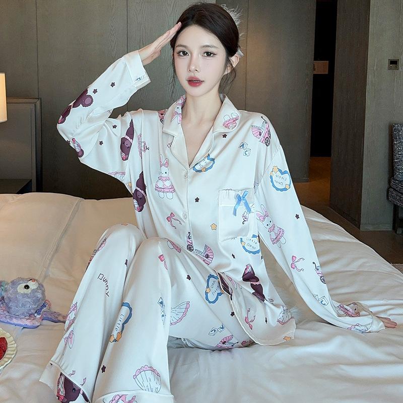 Весна и осень, новые женские пижамы из ледяного шелка, домашний костюм для девочек, пижамы для пожилых людей с рисунком, милый домашний костюм с длинными рукавами