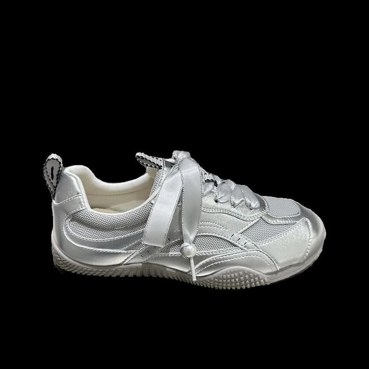 Fashion Riband Women's German Training Shoes Mix Order 2025 Summer Pearl Mesh Breathable Forrest Gump Shoes Soft Sole Silver and White