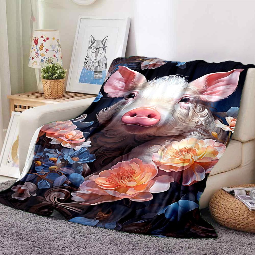 1pc Pig Floral Print Blanket Lightweight Flannel Blanket Throw Blanket For Sofa, Bed, Travel, Camping, Livingroom, Office, Couch, Chair, And Bed yy251