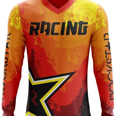 Длинный рукав V-образный вырез MOTO Print Racing Jersey - дышащий, удобный, влагоотводящий полиэстеровый спортивный топ для мужчин Рыбалка Велоспорт