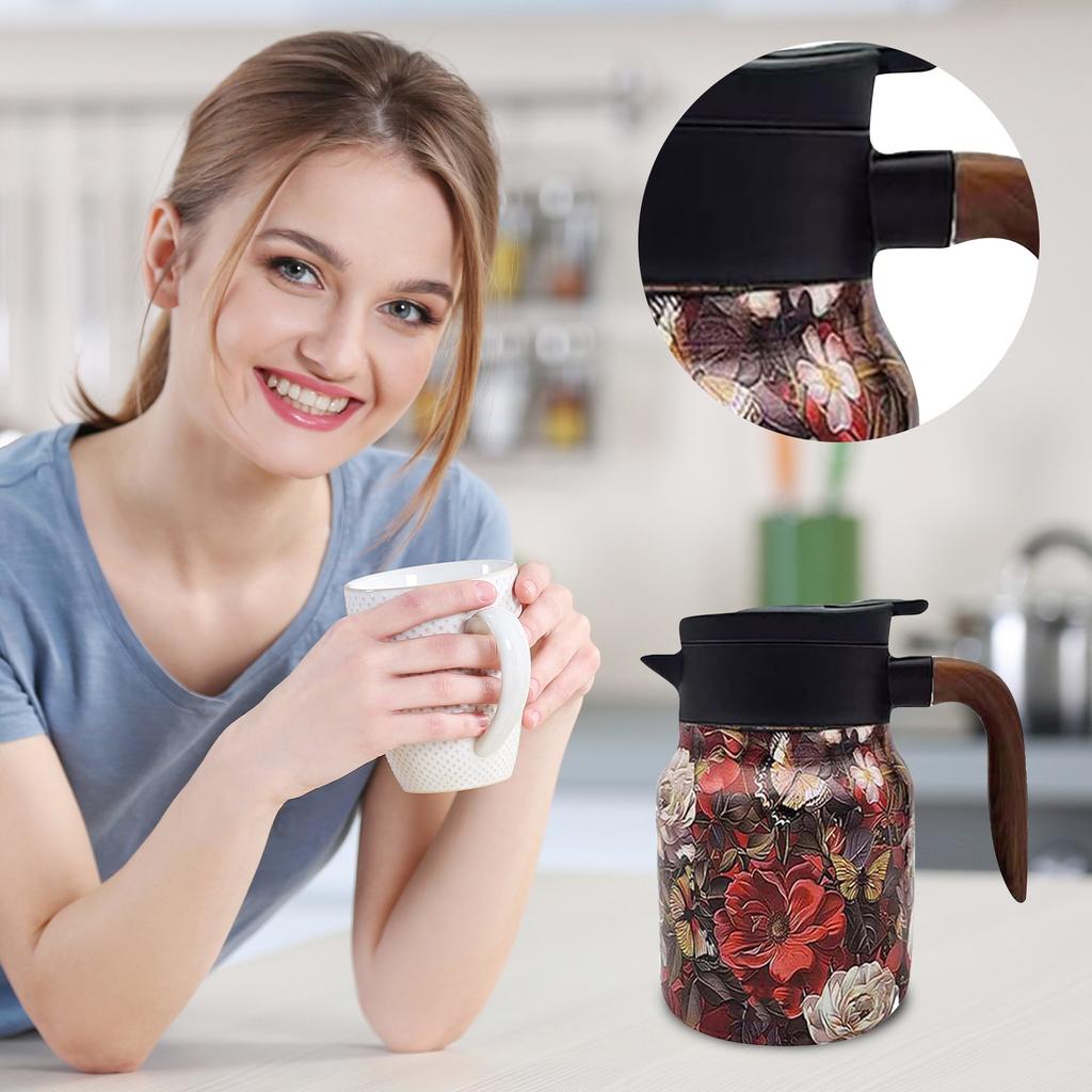 Vintage Floral Pattern Tea , Tea Pot, Vintage Floral Pattern Tea-Built-In Infuser, Stainless Steel Thermal Carafe With Lid For Hot Drinks