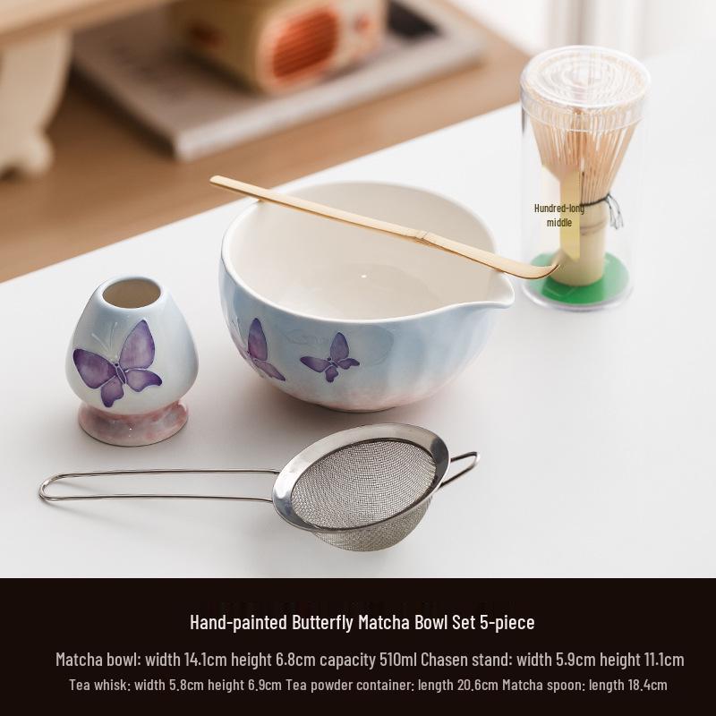 Handmade Japanese Cherry Blossom Matcha Bowl with Whisking Tool, Imitation Song Dynasty Tea Stirrer, and Hyakuhon-date Chasen Stand