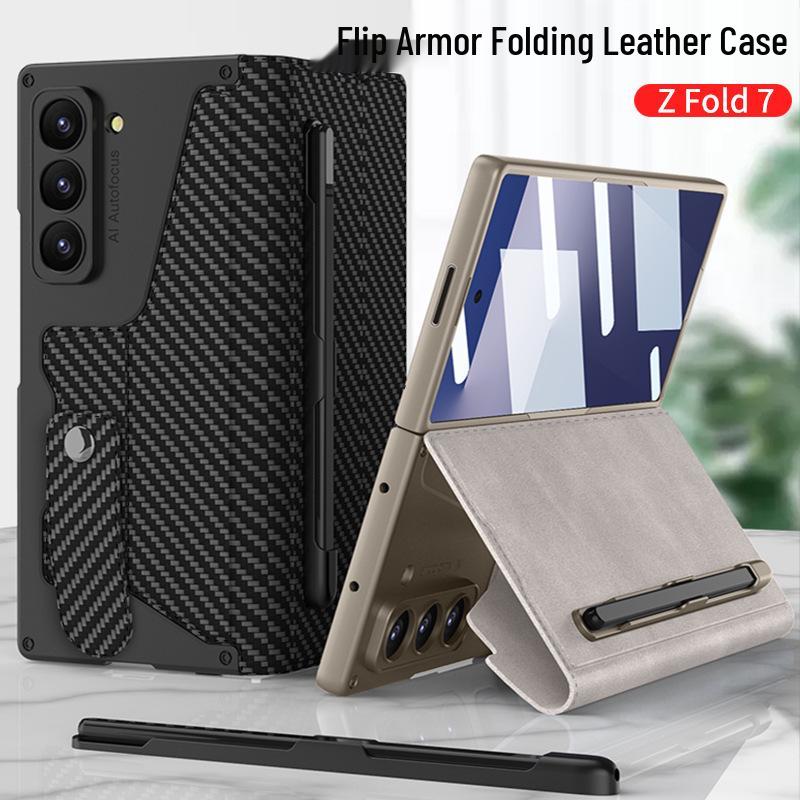 Бизнес-стиль Samsung Z Fold7 Armor чехол-книжка со слотом для ручки, держателем для карт и защитной пленкой для экрана.
