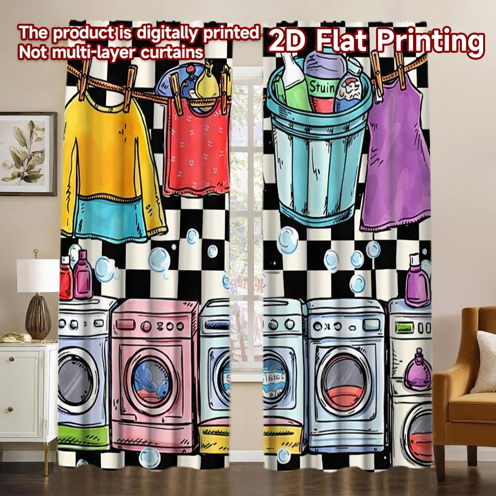2D FLAT PRINTING 2pcs Curtains (Without Rod) Laundry Day Fun Modern Modern Curtains Versatile Fabric Curtains Room Decor Ldeal