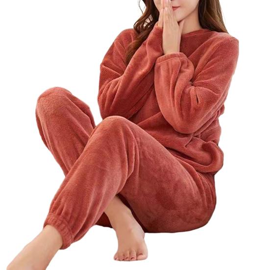 2 Pcs/Set Women Winter Pajamas Set Soft Thick Plush Cold Resistant Solid Color Round Neck Elastic Waist Long Sleeve Lady Homewear Sleeping Set