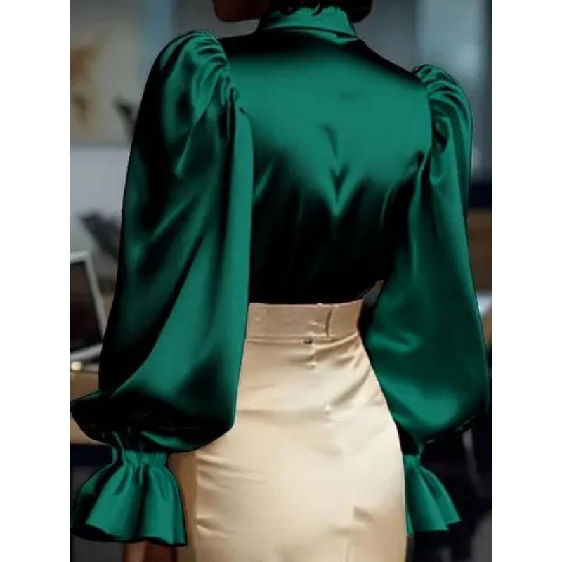 Новая элегантная женская блузка для通勤 с длинными рукавами-буфами, лацканами, из атласа, повседневная, свободная, офисная, новая, с лацканами, простая, модная, однотонная, топ