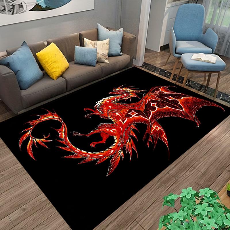 "Fiery Red Dragon Pattern Rug with Black Background for Home Decor" Suitable for use as an anti-slip for living room bedroom sofas
