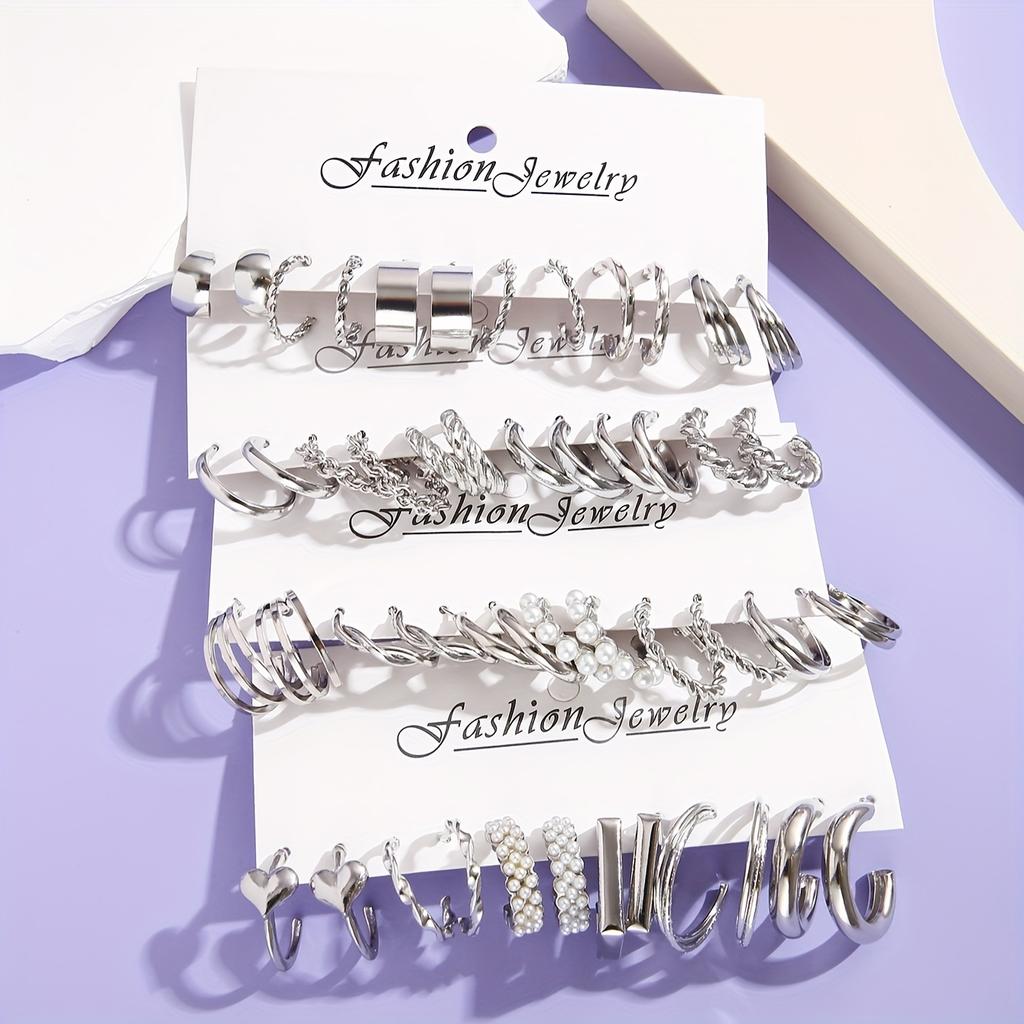 Подарочный набор из 24 пар модных ювелирных украшений, креативный простой геометрический комплект серег-колец с искусственным жемчугом, минималистичные серьги-гвоздики и серьги-кольца