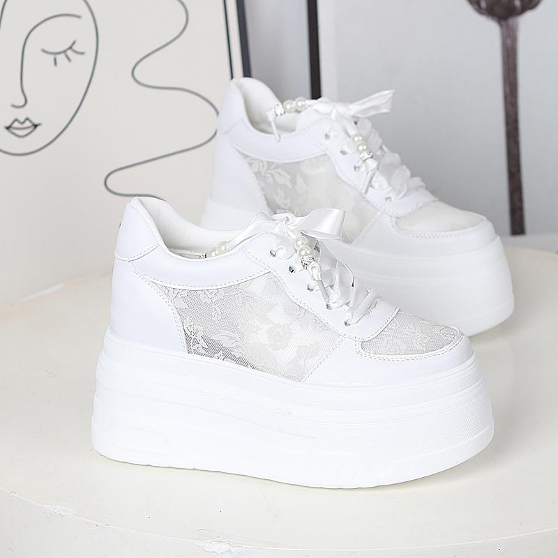 Мода 12 см Воздушная сетка Натуральная кожа Лофер Платформа Тапочки Удобные Массивные Кроссовки Полые Женские Сандалии Вулканизированная Летняя Обувь