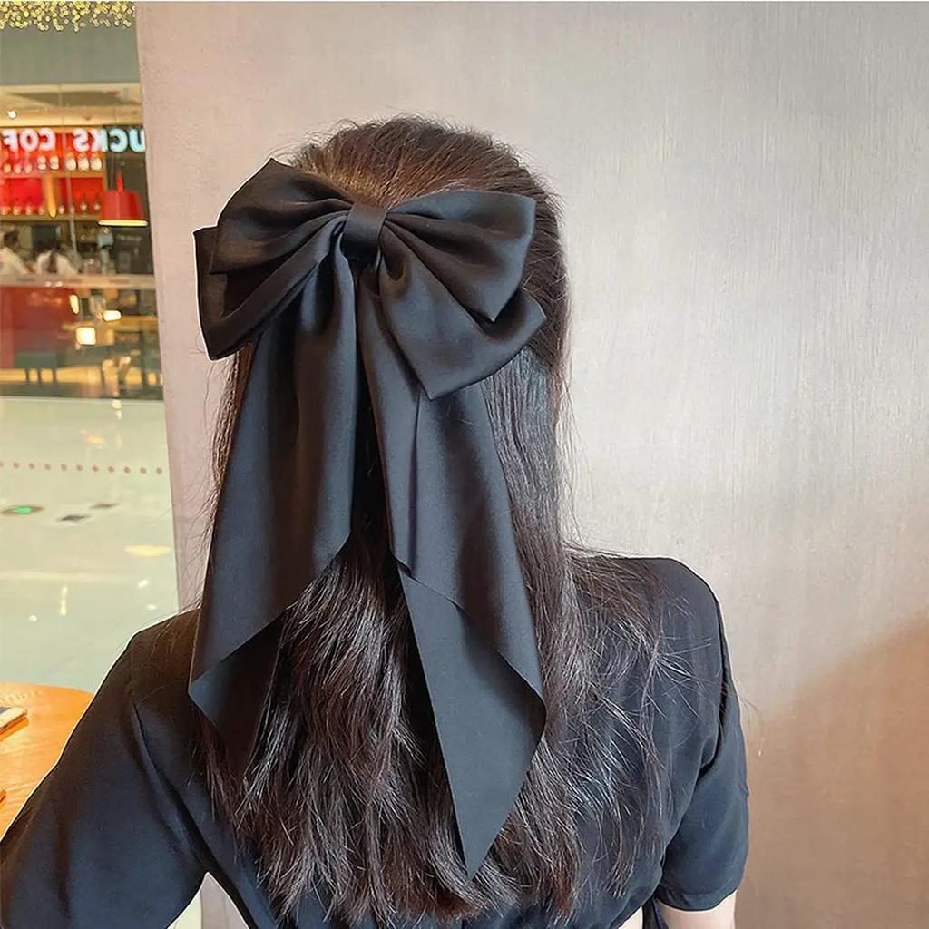 Women Solid Color Long Big Bow Long Float Satin Spring Clip Back Head Hair Clip Internet Red with The Same Temperament Elegant
