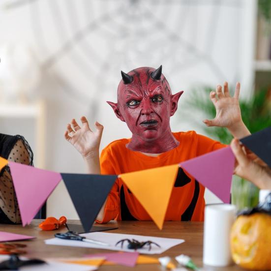 Подушка с лицом дьявола, реквизит для косплея на Хэллоуин, страшный головной убор ужасов с рогами, жуткий латексный костюм для вечеринки, аксессуар для взрослых и детей