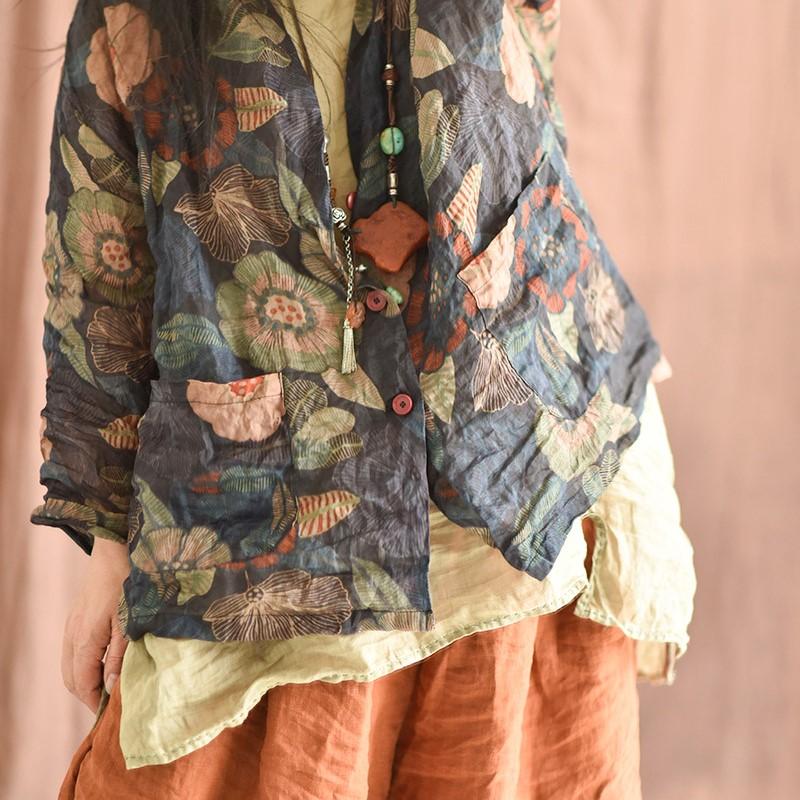 Johnature Женские винтажные рубашки с цветочным принтом Ramie, весенние топы с v-образным вырезом и длинными рукавами, карманы на пуговицах, женские рубашки