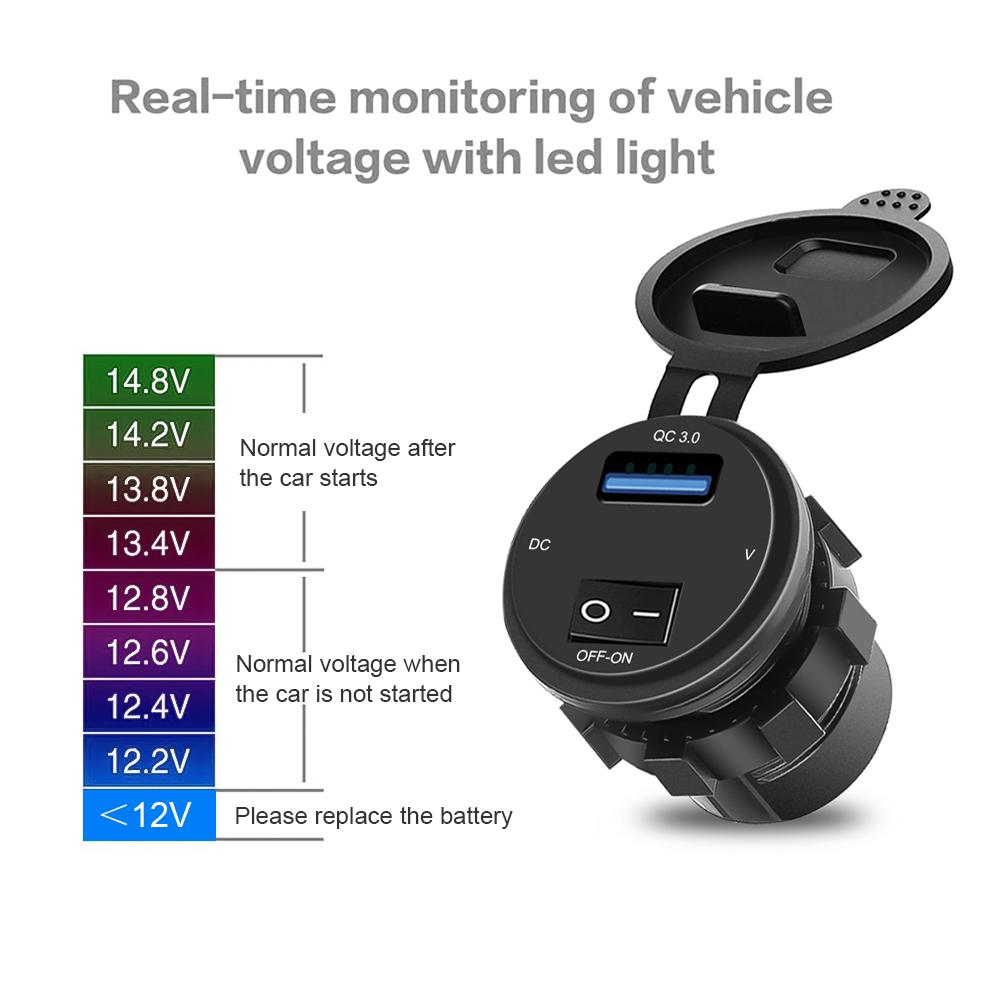 18W Car Phone Charger Socket with Digital Display Voltmeter QC 3.0 Fast Charger Adapter with ON-OFF Switch