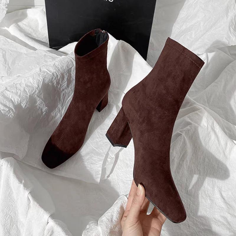 Autumn Winter Warm Cotton Women Stretch Sock Boots Fashion Elegant Back Zippers Shoes Thick Heel Laides Short Booties