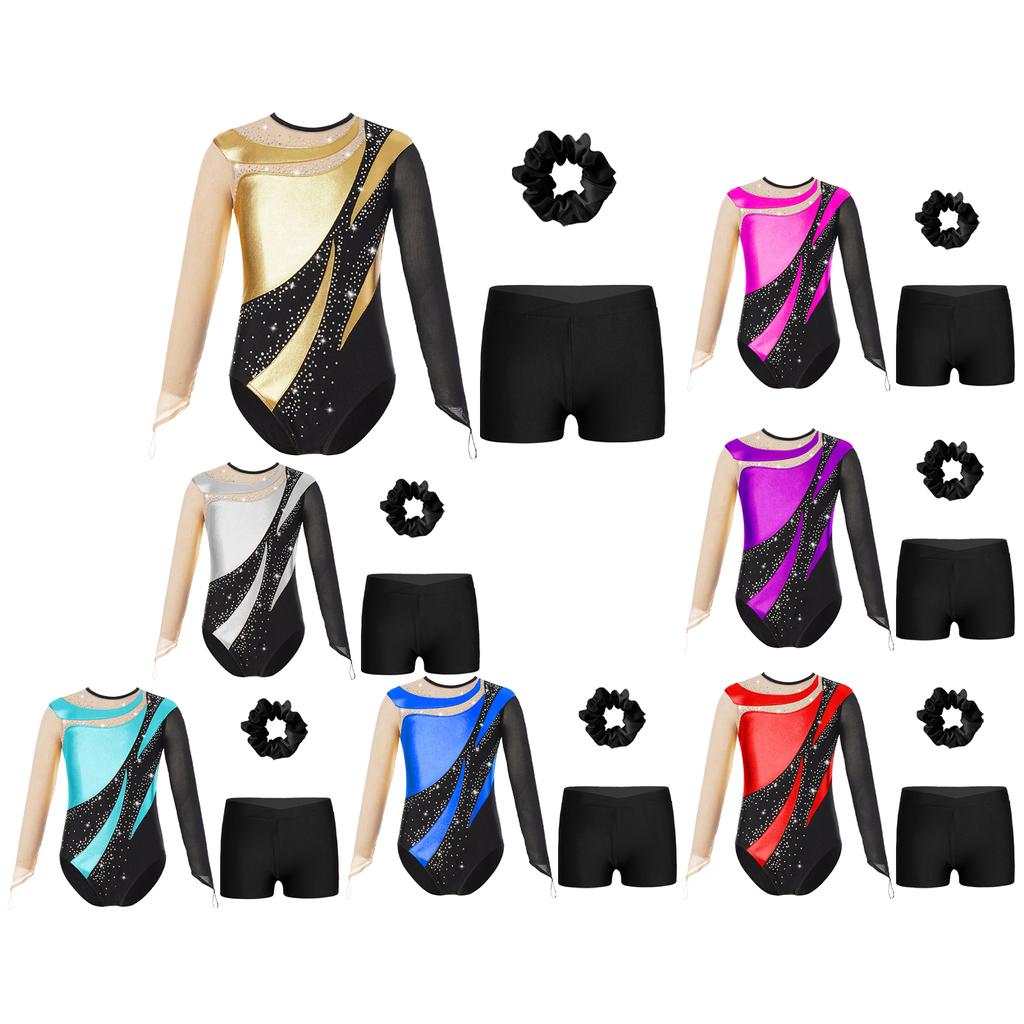 Kids Girls Metallic Long Sleeve Gymnastics Leotard with Shorts Hair Scrunchie Dance Unitard Biketards Dancewear