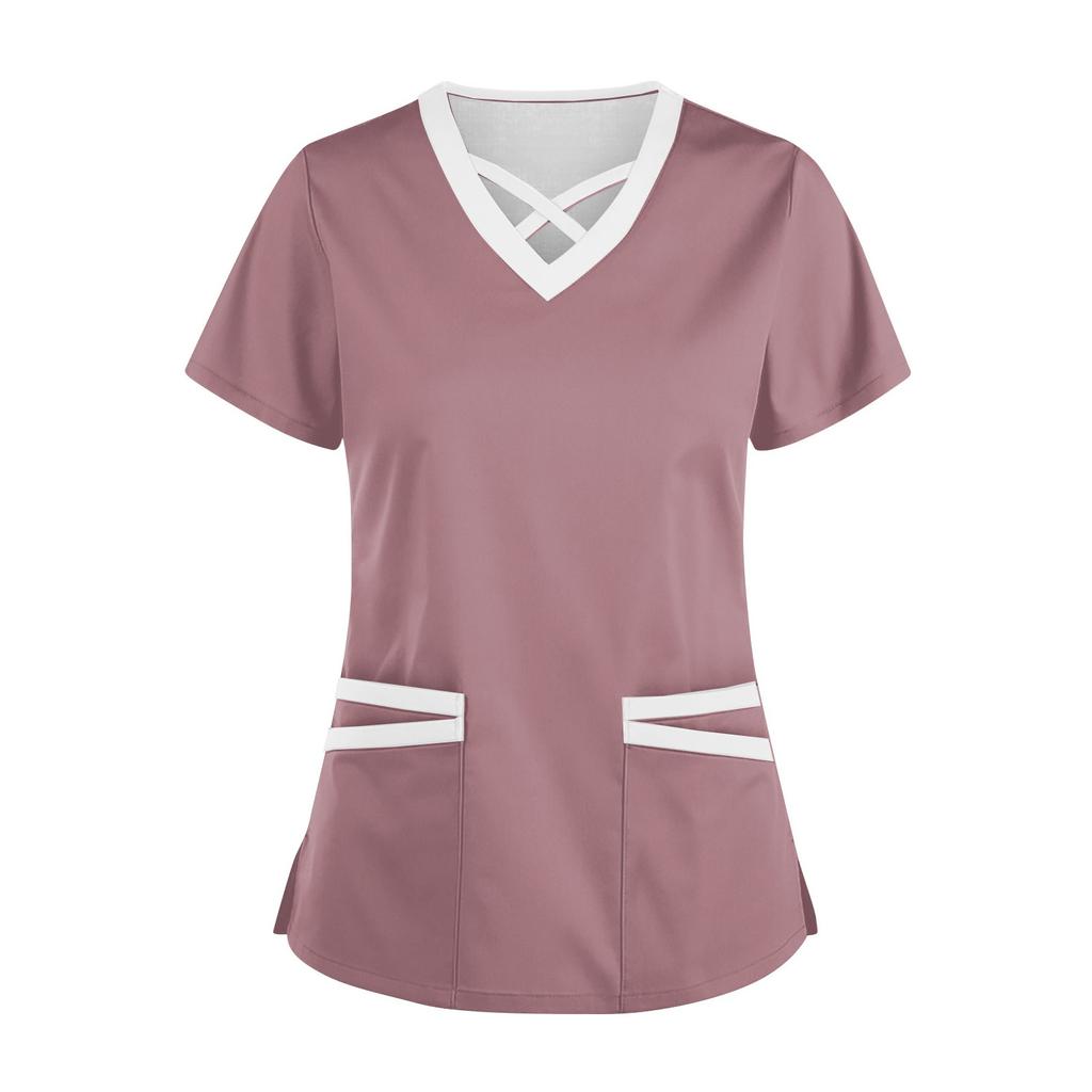 Women's Fashionable V-Neck Short-Sleeved Work Clothes With Drawstrings And Pockets Color Matching Tops And Protective Clothing